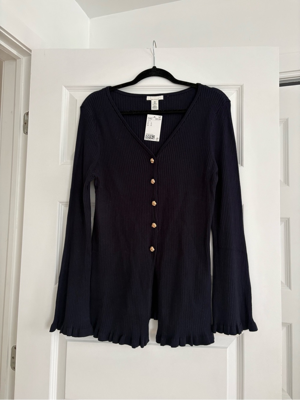 H&M Navy Ribbed V‑Neck Cardigan with Gold Buttons